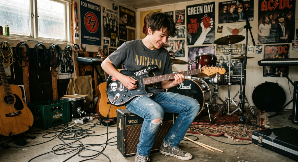 Jugendlicher spielt E-Gitarre